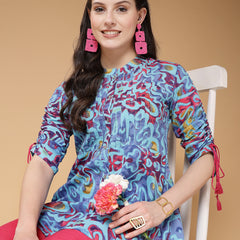 Indibelle Cotton Blue Abstract Print A-Line Kurti