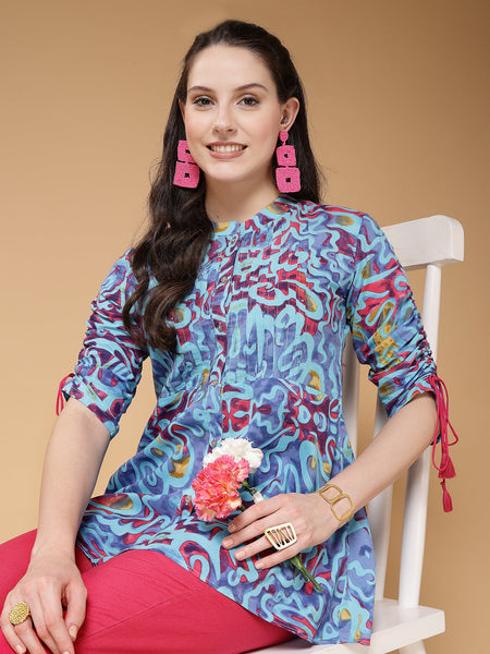 Indibelle Cotton Blue Abstract Print A-Line Kurti