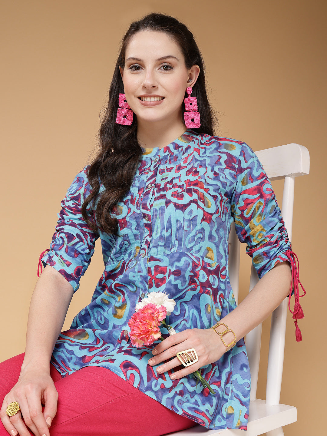 Indibelle Cotton Blue Abstract Print A-Line Kurti