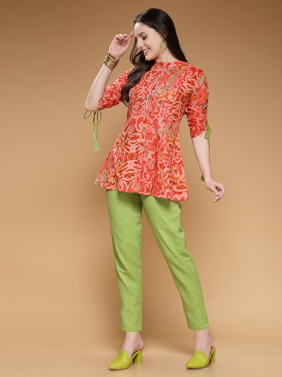 Indibelle Cotton Red Abstract Print A-Line Kurti