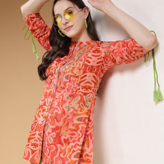 Indibelle Cotton Red Abstract Print A-Line Kurti