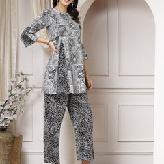 Indibelle Cotton Abstract Print A-Line Co-ord Set (Black)