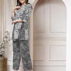 Indibelle Cotton Abstract Print A-Line Co-ord Set (Black)