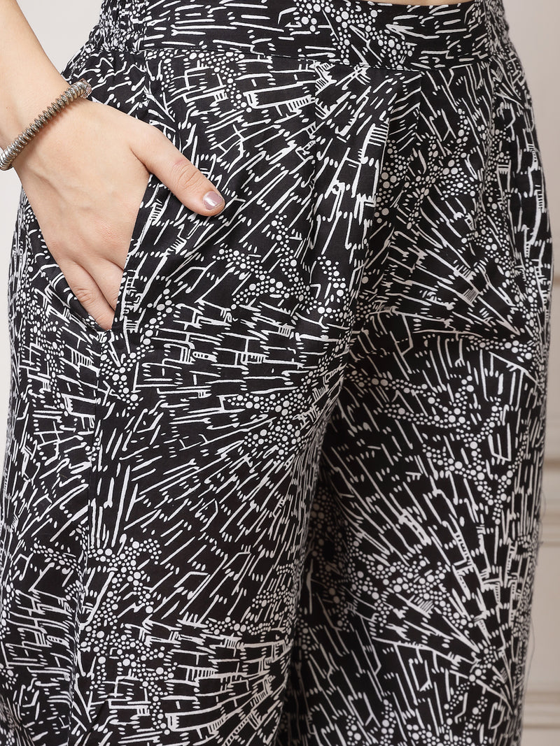 Indibelle Cotton Abstract Print A-Line Co-ord Set (Black)