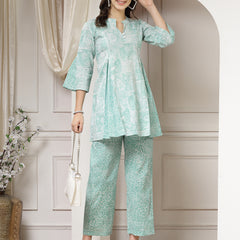 Indibelle Cotton Abstract Print A-Line Co-ord Set (Sea Green)