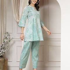 Indibelle Cotton Abstract Print A-Line Co-ord Set (Sea Green)