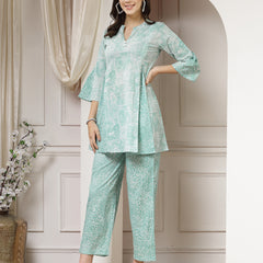 Indibelle Cotton Abstract Print A-Line Co-ord Set (Sea Green)