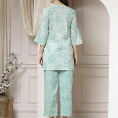 Indibelle Cotton Abstract Print A-Line Co-ord Set (Sea Green)