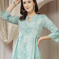 Indibelle Cotton Abstract Print A-Line Co-ord Set (Sea Green)