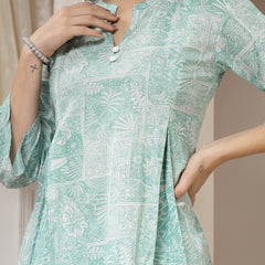 Indibelle Cotton Abstract Print A-Line Co-ord Set (Sea Green)