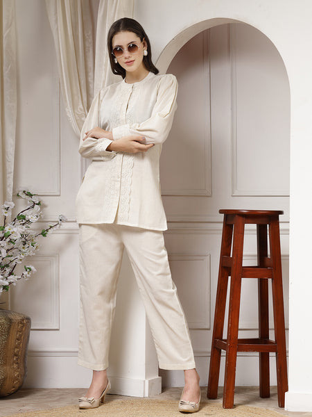 Indibelle Cotton Natural Flex Solid Co-ord Set (Off White)