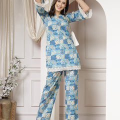 Indibelle Cotton Lace Abstract Print Co-ord Set (Blue)