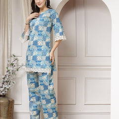 Indibelle Cotton Lace Abstract Print Co-ord Set (Blue)