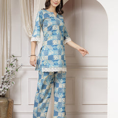 Indibelle Cotton Lace Abstract Print Co-ord Set (Blue)