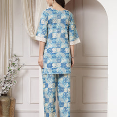 Indibelle Cotton Lace Abstract Print Co-ord Set (Blue)