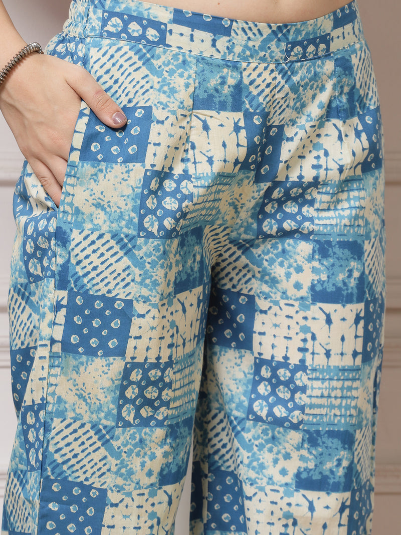 Indibelle Cotton Lace Abstract Print Co-ord Set (Blue)