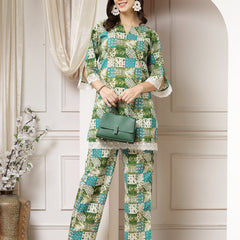Indibelle Cotton Lace Abstract Print Co-ord Set (Green)