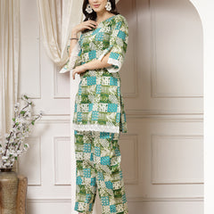 Indibelle Cotton Lace Abstract Print Co-ord Set (Green)