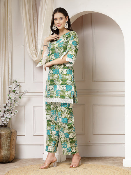 Indibelle Cotton Lace Abstract Print Co-ord Set (Green)