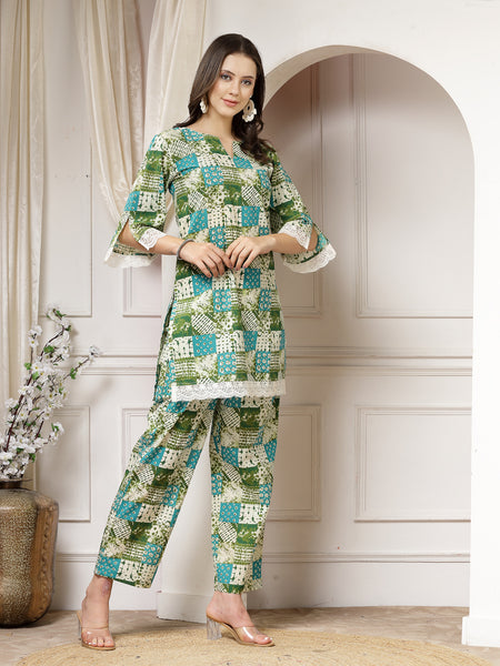 Indibelle Cotton Lace Abstract Print Co-ord Set (Green)