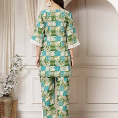 Indibelle Cotton Lace Abstract Print Co-ord Set (Green)