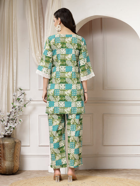Indibelle Cotton Lace Abstract Print Co-ord Set (Green)