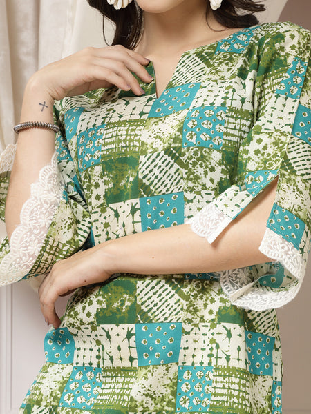 Indibelle Cotton Lace Abstract Print Co-ord Set (Green)