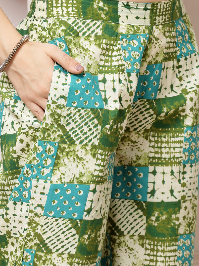 Indibelle Cotton Lace Abstract Print Co-ord Set (Green)