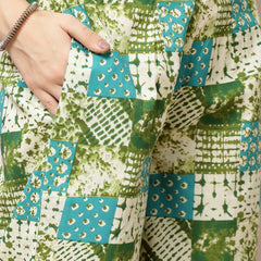 Indibelle Cotton Lace Abstract Print Co-ord Set (Green)