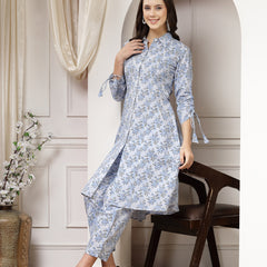 Indibelle Cotton Floral Print A-Line Co-ord Set (Blue)