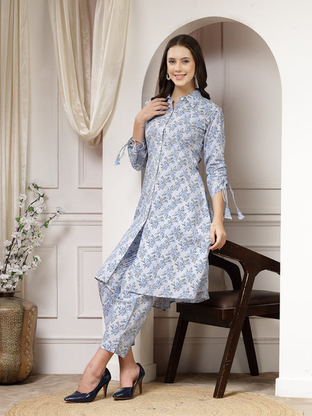 Indibelle Cotton Floral Print A-Line Co-ord Set (Blue)