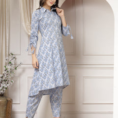 Indibelle Cotton Floral Print A-Line Co-ord Set (Blue)