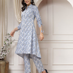 Indibelle Cotton Floral Print A-Line Co-ord Set (Blue)