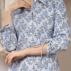 Indibelle Cotton Floral Print A-Line Co-ord Set (Blue)