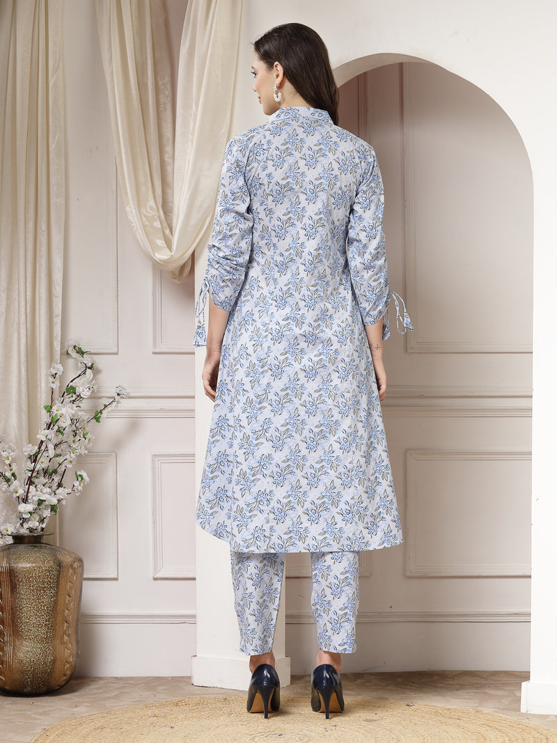 Indibelle Cotton Floral Print A-Line Co-ord Set (Blue)