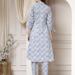 Indibelle Cotton Floral Print A-Line Co-ord Set (Blue)