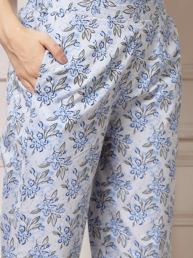 Indibelle Cotton Floral Print A-Line Co-ord Set (Blue)