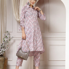 Indibelle Cotton Floral Print A-Line Co-ord Set (Pink)