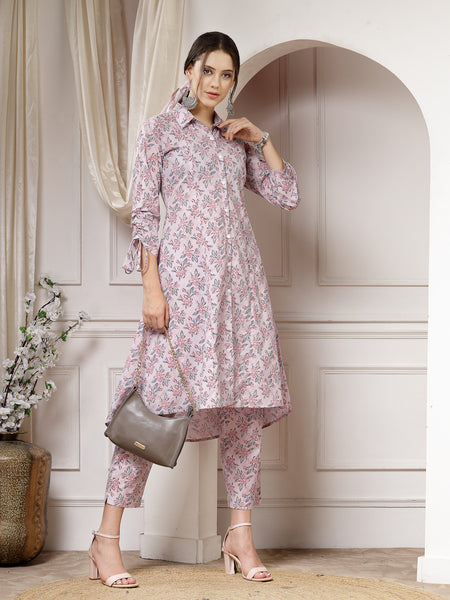 Indibelle Cotton Floral Print A-Line Co-ord Set (Pink)
