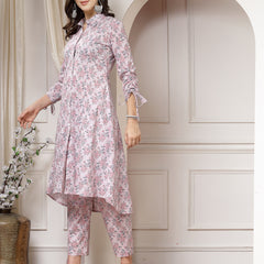 Indibelle Cotton Floral Print A-Line Co-ord Set (Pink)