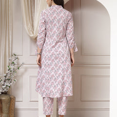 Indibelle Cotton Floral Print A-Line Co-ord Set (Pink)
