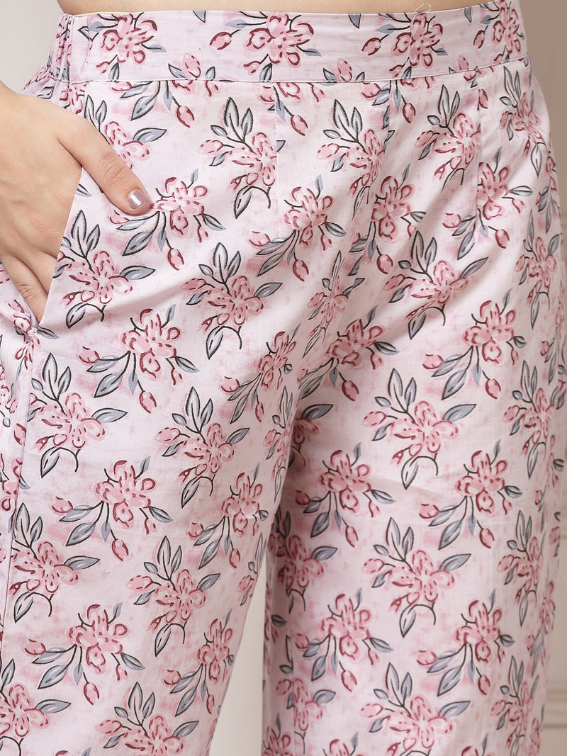 Indibelle Cotton Floral Print A-Line Co-ord Set (Pink)