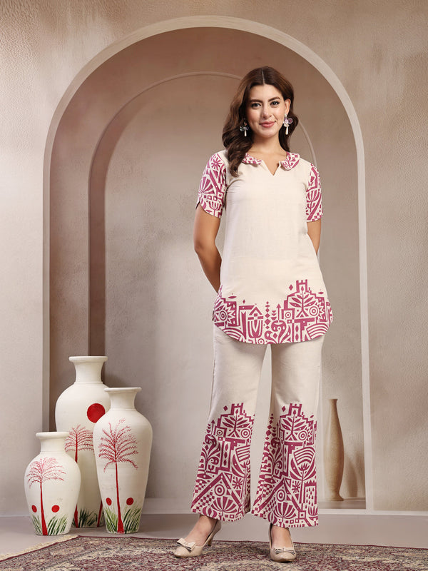 Indibelle Linen Touch Ivory Mauve Pink Co-ord Set