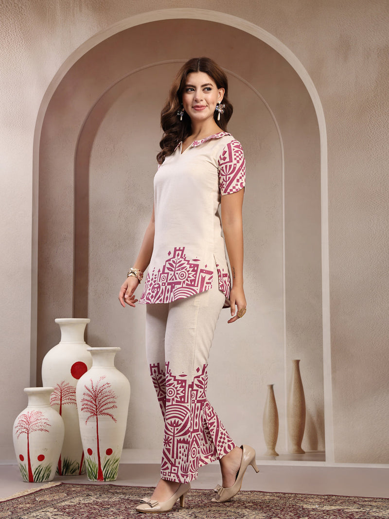 Indibelle Linen Touch Ivory Mauve Pink Co-ord Set