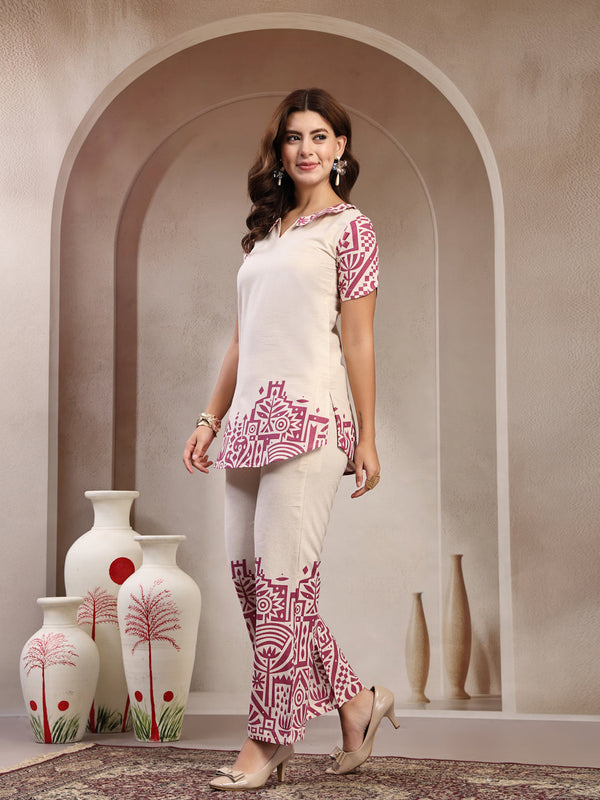 Indibelle Linen Touch Ivory Mauve Pink Co-ord Set