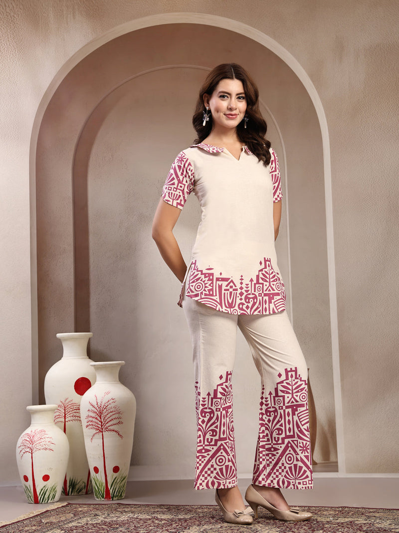 Indibelle Linen Touch Ivory Mauve Pink Co-ord Set