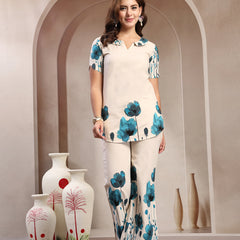 Indibelle Linen Touch Ivory Teal Blossom Co-ord Set