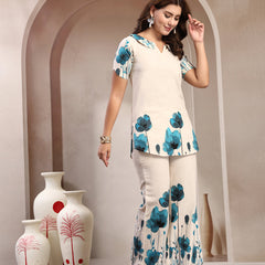Indibelle Linen Touch Ivory Teal Blossom Co-ord Set