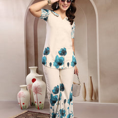 Indibelle Linen Touch Ivory Teal Blossom Co-ord Set