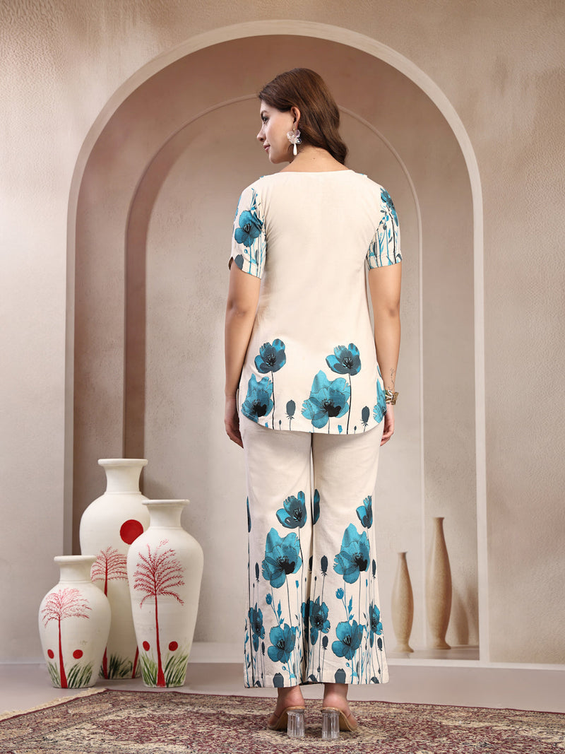 Indibelle Linen Touch Ivory Teal Blossom Co-ord Set